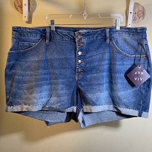 Ava & Viv Mid Rise Midi Denim Jean Shorts Button Fly Raw Roll Cuff Sz 26W New